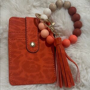 Orange Leather Card Holder with Beaded Keychain